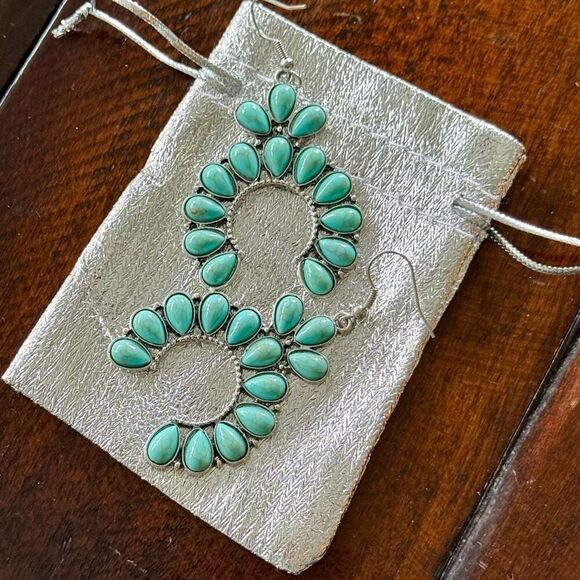 Zuni Style Half-Moon Earrings, Turquoise Accents, 2.5” Drop, Western Cluster - Picture 4 of 8